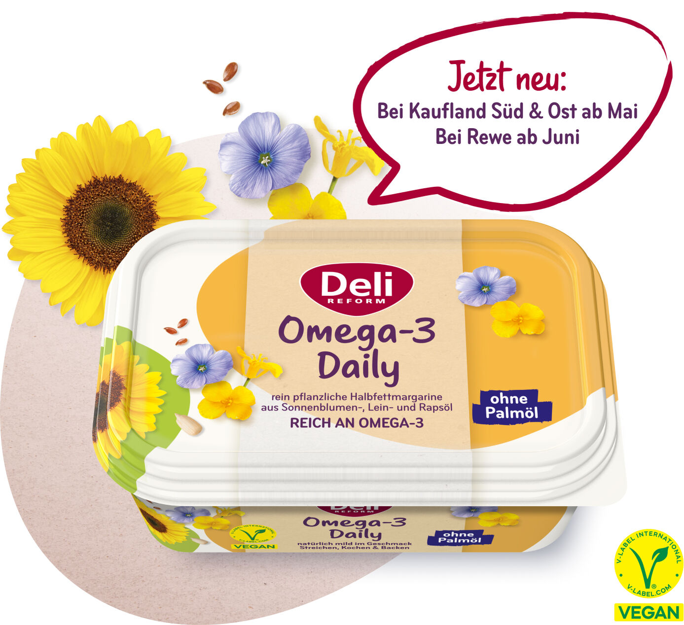 Deli Reform Omega-3 Daily Margarine, vegan & palmölfrei. Neu bei Kaufland ab Ende Mai und Rewe ab Mitte Juni.